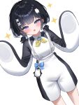  1girl :o absurdres animal_costume arme_(cgsy7484) black_hair blue_bow blue_eyes blush bow bowtie chest_harness commentary commission cowboy_shot dot_nose hair_intakes hair_ornament harness highres korean_commentary looking_at_viewer low_twintails medium_hair open_mouth original penguin_charm penguin_costume penguin_hair_ornament pom_pom_(clothes) pom_pom_hair_ornament simple_background solo sparkle sparkling_aura twintails white_background x_hair_ornament yellow_bow yellow_bowtie 