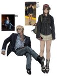  >_< 1boy 1girl :i ace_attorney actor_name alternate_costume amikoiiko animal_ears ankle_boots apollo_justice:_ace_attorney badge bag belt belt_buckle black_belt black_boots black_jacket blonde_hair blue_badger blue_eyes blue_jacket boots breast_pocket brown_hair buckle button_badge buttons cellphone closed_mouth collarbone colored_shoe_soles crossed_legs dark-skinned_male dark_skin denim denim_jacket dress_shirt drill_hair earrings ema_skye fingernails green_bag green_eyes gyaruo heart heart_print highres holding holding_microphone holding_phone index_ring initial instagram_username jacket jeans jewelry klavier_gavin lapels layered_skirt light_smile long_hair long_sleeves looking_to_the_side microphone miniskirt mismatched_eyebrows multicolored_boots multiple_rings open_clothes open_shirt pants peaked_lapels pectoral_cleavage pectorals phone photo-referenced photo_inset pigeon-toed pink-tinted_eyewear pinky_ring pocket rabbit_ears reference_inset ring shirt shoe_soles shoulder_bag side_drill simple_background sitting skirt sleeves_past_wrists smartphone smartphone_case standing straight-on striped_clothes striped_jacket suit_jacket tinted_eyewear two-tone_boots vertical-striped_clothes vertical-striped_jacket white-framed_eyewear white_background white_boots white_skirt 