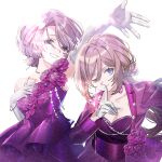 2girls absurdres arimura_mao arm_up blue_eyes bra_strap bracelet breasts cleavage collarbone dot_nose dress dress_flower earrings elbow_gloves finger_to_mouth flower gakuen_idolmaster glitter_dress gloves grin hair_bun half_gloves hand_on_own_chest hand_up highres himesaki_rinami idolmaster ikesawa_99 jacket jewelry layered_dress long_hair long_sleeves looking_at_viewer medium_breasts multiple_girls necklace official_alternate_costume one_eye_closed parted_bangs pink_hair purple_dress purple_flower purple_jacket sequins short_hair shushing side_part simple_background single-shoulder_dress single_hair_bun single_strap sleeveless sleeveless_dress smile sugar_flavor_(idolmaster) swept_bangs waist_ribbon white_background white_gloves 