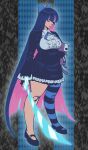  1girl black_dress blue_bow blue_hair blunt_bangs bow breasts colored_inner_hair commentary dithering dress english_commentary frilled_dress frills full_body gothic_lolita hair_bow highres holding holding_stuffed_toy holding_sword holding_weapon honekoneko_(psg) large_breasts lolita_fashion long_hair long_sleeves looking_to_the_side m0k_m0k multicolored_hair panty_&amp;_stocking_with_garterbelt plump short_dress single_sock socks solo stocking_(psg) striped_clothes striped_leggings striped_thighhighs stuffed_toy sword thighhighs thighs two-tone_hair weapon 