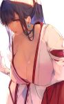  1girl black_hair breasts cleavage earrings eyebrows_visible_through_hair highres huge_breasts japanese_clothes jewelry kimono leaning_forward long_hair looking_at_viewer loose_clothes multicolored multicolored_clothes multicolored_kimono original ponytail red_kimono standing tomocha_(tmc_tmc8) white_background white_kimono 
