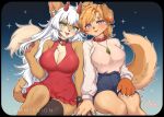  1girl :d animal_ears bare_arms bare_shoulders blush breasts cleavage cleavage_cutout clothing_cutout collar commentary commission dog_ears dog_girl dog_tail dress english_commentary furry furry_female gradient_background green_eyes hand_up highres horns jewelry large_breasts long_hair long_sleeves looking_at_viewer medium_hair mo_(k40633) necklace open_mouth orange_hair original parted_lips purple_eyes red_collar red_dress red_horns simple_background single_thighhigh sitting smile solo tail thighhighs thighs white_hair 