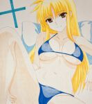  1girl bikini blonde_hair blue_bikini breasts cleavage closed_mouth collarbone engo_(aquawatery) fate_testarossa full_cleavage hair_between_eyes head_on_pillow long_hair long_sidelocks lyrical_nanoha mahou_shoujo_lyrical_nanoha_strikers micro_bikini parted_bangs photo_(medium) pillow red_eyes sidelocks simple_background smile solo spread_legs swimsuit traditional_media underboob upper_body white_background wispy_bangs 