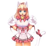  1girl animal_ear_fluff animal_ears animal_hands atelier-moo bell blue_eyes breasts cat_ears cat_girl cat_paws cowboy_shot fang fluffy_hands game_asset gloves hair_between_eyes high_ponytail large_breasts long_hair looking_at_viewer melody_sinclair_(revival) neck_bell non-web_source official_art open_mouth pink_hair pink_skirt ponytail ribbon self-datamine short_sleeves simple_background skirt tail tail_ornament tail_ribbon tareme transparent_background underbust w_arms white_gloves wide_ponytail yuukyuu_gensoukyoku yuukyuu_gensoukyoku_revival 