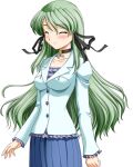  1girl 2000s_(style) blush breasts casual choker closed_eyes closed_mouth game_asset green_hair hair_ribbon jacket kagashima_itsuki large_variant_set long_hair mahou_senshi_(series) mahou_senshi_elixir_knights medium_breasts non-web_source official_art ribbon saitou_natsuki self-datamine simple_background skirt smile solo tachi-e transparent_background variant_set 