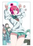  1boy 5girls 85neko ? absurdres amate_yuzuriha aqua_eyes aqua_shirt aqua_skirt blush breasts challia_bull closed_mouth collared_shirt commentary_request glasses green_hair gundam gundam_gquuuuuux highres jacket long_sleeves military_jacket military_uniform multicolored_hair multiple_girls necktie open_mouth red_hair school_uniform shirt short_hair skirt smile speech_bubble spoken_question_mark sweatdrop sweater two-tone_necktie 