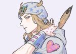  1boy adjusting_hood bandana blonde_hair blue_eyes feathers from_side highres horseshoe_hat_ornament horseshoe_ornament johnny_joestar jojo_no_kimyou_na_bouken looking_at_viewer male_focus parted_lips simple_background solo ss22ingd steel_ball_run upper_body white_bandana 