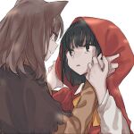  2girls animal_ears big_bad_wolf_(grimm) black_hair brown_hair eye_contact hands_on_another&#039;s_face hood inuko_(ink0425) little_red_riding_hood little_red_riding_hood_(grimm) looking_at_another medium_hair multiple_girls personification smile upper_body wolf_ears yuri 