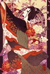  1girl black_hair blush cherry_blossoms dancing fan floral_background floral_print geisha hair_ornament highres japanese_clothes kieshi_heta kimono lipstick long_hair looking_at_viewer makeup nico_robin nihonga one_piece smile solo ukiyo-e 