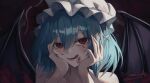 1girl :q absurdres bare_shoulders bat_wings blood blood_on_face blue_hair blush commentary fang fingernails hair_between_eyes hands_on_own_cheeks hands_on_own_face hat highres long_fingernails looking_at_viewer medium_hair mob_cap nude pennosuke pointy_ears red_eyes red_nails remilia_scarlet sharp_fingernails signature solo tongue tongue_out touhou white_hat wings 