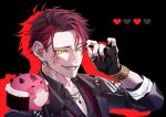  1boy adjusting_hair azamofu black_background black_gloves black_jacket black_shirt collared_shirt commentary creature creature_on_shoulder drop_shadow fingerless_gloves fingernails gloves grin heart highres holostars holostars_english jacket jewelry jurard_t_rexford jurard_t_rexford_(3rd_costume) male_focus nail_polish necklace official_alternate_eye_color on_shoulder pectoral_cleavage pectorals red_hair red_nails ring sharp_fingernails sharp_teeth shirt short_hair smile sorawrity_(jurard_t_rexford) teeth untranslatable_commentary upper_body virtual_youtuber yellow_eyes 