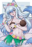  1girl :d absurdres animal_ear_fluff animal_ears bikini black_bikini blue_background blue_eyes blue_hair blush bracelet breasts cleavage commentary commission english_commentary flower_bracelet furry furry_female hair_between_eyes hair_ornament highres jewelry large_breasts looking_at_viewer mo_(k40633) multiple_tails navel open_mouth original simple_background smile solo stomach swimsuit tail twitter_username 