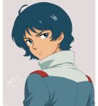  1boy aeug blue_eyes commentary_request gundam highres kamille_bidan light_frown looking_at_viewer looking_back military_uniform misuto_gia portrait science_fiction serious upper_body white_background zeta_gundam 
