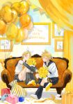  1boy 1girl absurdres anniversary arms_on_knees balloon black_leg_warmers black_sailor_collar black_shorts blonde_hair blurry blurry_edges blush bouquet bow_hairband box character_name closed_eyes colored_shoe_soles commentary_request couch detached_sleeves double-parted_bangs figure_four_sitting flower full_body gift gift_bag gift_box grey_leg_warmers grey_shorts grey_sleeves grin hair_between_eyes hair_ornament hair_ribbon hairband hairclip happy heart_balloon highres holding holding_bouquet indoors kagamine_len kagamine_rin knees_up leg_warmers light_particles long_sleeves midriff neckerchief on_couch orange_neckerchief parallel_hairclips parted_bangs pd_ta1 pennant picture_frame ponytail ribbon rose sailor_collar shirt shoe_soles shoes short_hair short_ponytail short_sleeves shorts sitting sleeveless sleeveless_shirt sleeves_past_wrists smile sparkle string_of_flags vocaloid white_ribbon white_shirt white_shoes yellow_flower yellow_rose 