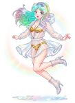  1girl alberich_airi animal_print aqua_hair bikini blue_eyes boots breasts commentary_request cone_horns floating full_body fur_bikini high_heels highres horns iridescent_hair lum puddle rainbow raincoat see-through_clothes see-through_footwear see-through_raincoat small_horns smile solo strapless strapless_bikini swimsuit tiger_print tiger_print_bikini urusei_yatsura yellow_bikini 