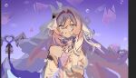 1girl bare_shoulders bell breasts chinese_commentary commentary_request corset crystal_shards elysia_(herrscher_of_human:_ego)_(honkai_impact) elysia_(honkai_impact) elysia_(miss_pink_elf)_(honkai_impact) gloves highres honkai_(series) honkai_impact_3rd large_breasts long_hair looking_at_viewer miaole_ge_mi_de_suannai multicolored_hair pink_hair purple_eyes reaching reaching_towards_viewer redrawn smile solo two-tone_hair veil very_long_hair white_corset white_gloves white_hair white_veil 