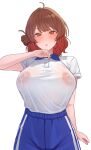  1girl ahoge blue_shorts blush breasts brown_hair commentary_request gakuen_idolmaster hanami_ume hatsuboshi_gakuen_gym_uniform highres idolmaster large_breasts looking_at_viewer medium_hair namagaki_namero nipples orange_eyes see-through_clothes see-through_shirt shirt shorts simple_background solo sweat wet wet_clothes wet_shirt white_background white_shirt 