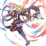  1girl blonde_hair blue_eyes breasts cleavage full_body granblue_fantasy hair_intakes hair_ornament hairband highres long_hair looking_at_viewer navel polearm shimatani_azu simple_background smile solo spear thighhighs thighs twintails weapon zeta_(granblue_fantasy) 