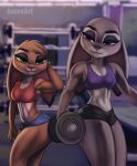  2021 anthro aozee artist_name athletic athletic_female blurred_background bottomwear breasts clothing disney dumbbell duo exercise exercise_clothing eyeshadow female floppy_ears green_eyes gym half-closed_eyes holding_object hotpants inside jenna_hopps judy_hopps lagomorph leporid makeup mammal midriff narrowed_eyes navel purple_eyes rabbit shirt shorts sibling sister sisters smile standing tank_top thick_thighs topwear weights zootopia 