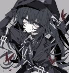  1girl arm_belt black_choker black_coat black_dress black_gloves black_hair black_hat black_ribbon bug butterfly choker closed_mouth coat collared_dress commentary dress gloves goggles goggles_on_headwear grey_eyes hair_ornament hand_on_headwear hat kurobe_nanoka lemonail long_hair looking_at_viewer mahou_shoujo_no_majo_saiban neck_ribbon red_butterfly ribbon simple_background solo twintails untranslatable_commentary white_background 