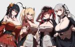  4girls ahoge arm_up azur_lane bare_shoulders black_hair black_nails blonde_hair breasts chain cleavage commentary_request commission covered_navel elbow_gloves formidable_(azur_lane) gloves grey_background grey_hair hair_ornament hat highres holding_own_dress honolulu_(azur_lane) huge_breasts japanese_clothes kimono long_hair looking_at_viewer multiple_girls nelson_(azur_lane) osushirinda peaked_cap red_eyes red_hair red_kimono simple_background skeb_commission taihou_(azur_lane) white_gloves 