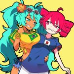  2026_fifa_world_cup 2girls alternate_breast_size_(larger) aqua_eyes aqua_hair bare_shoulders bead_necklace beads black_outline blue_ribbon blue_shirt blue_shorts bracelet brazil brazilian_flag brazilian_flag_print brazilian_miku breasts bright_pupils brown-tinted_eyewear clenched_hand commentary drill_hair earrings english_commentary flag_print flower green_trim hatsune_miku hitorikanawo japan japanese_flag japanese_flag_print jewelry kasane_teto large_breasts looking_at_another medium_breasts midriff_peek multiple_bracelets multiple_girls necklace orange_flower outline red_eyes red_hair red_trim ribbon second-party_source shirt short_sleeves shorts simple_background sweat teeth thick_outlines tinted_eyewear twin_drills utau vocaloid white-framed_eyewear white_pupils white_shorts world_cup yellow_background yellow_shirt 