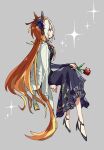  1girl ahoge ahozur_dayo alternate_costume animal_ears blue_bow blue_dress blue_eyes blue_shoes bow colored_inner_hair commentary_request crossed_legs dress ear_bow ear_covers flower formal_clothes from_side grey_background hand_on_own_knee hanging_legs high_heels holding holding_flower horse_ears horse_girl horse_tail invisible_chair jacket jacket_on_shoulders lace-trimmed_dress lace_trim long_hair multicolored_hair no_mouth orange_hair orfevre_(umamusume) pensive red_flower red_rose rose shoes simple_background single_ear_cover single_sidelock sitting solo sparkle sparkling_aura streaked_hair tail umamusume very_long_hair white_jacket white_streaks 
