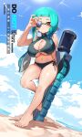  1girl aqua_hair arm_behind_back artist_name bare_legs barefoot beach bikini black_bikini blue_sky blush braid breasts brown_eyes cleavage cleavage_cutout closed_mouth clothing_cutout cloud colored_eyebrows commentary day dot_mouth english_commentary eye_mask feet full_body halterneck hand_up highres holding inkling inkling_girl inkling_player_character jinkoika large_breasts leaning_on_weapon long_hair looking_at_viewer mask navel o-ring o-ring_bikini ocean one_eye_covered outdoors pointy_ears shiny_skin sky solo splatana_stamper_(splatoon) splatoon_(series) standing standing_on_one_leg stomach suction_cups sweat swimsuit tentacle_hair thighs toes underboob water watermark weapon 