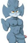  2021 absurd_res anthro balls big_butt big_penis black_pupils blue_balls blue_body blue_fur blue_hair blue_nipples blue_penis butt clenched_teeth erection fist front_view fur genitals glans grey_body grey_fur hair half-closed_eyes hi_res jerseydevil league_of_legends looking_at_viewer male mohawk muscular muscular_anthro muscular_male narrowed_eyes nipples nude penis pink_glans pink_nose pupils raised_arm riot_games rumble simple_background teeth thick_thighs video_games white_background yellow_eyes yordle 