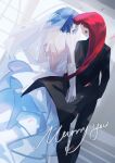  1boy 1girl blue_eyes bridal_veil crossdressing crossdressing_(ftm) crossdressing_(mtf) dress highres holding_hands james_(pokemon) jessie_(pokemon) llmia4 pokemon pokemon_(anime) pokemon_(classic_anime) red_hair team_rocket tuxedo veil wedding wedding_dress 