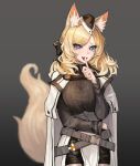  2021 animal_humanoid arknights blonde_hair blue_eyes blurred_background breasts clothing cute_fangs female fingers fluffy fluffy_tail fur glistening glistening_hair hair headgear hi_res humanoid hypergryph inner_ear_fluff looking_at_viewer mammal mammal_humanoid myomu one_eye_closed portrait smile solo studio_montagne three-quarter_portrait tuft video_games whislash_(arknights) white_body white_fur wink 