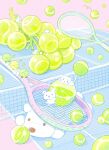  animal animal_focus ball beachball cat commentary dog food fruit grapes highres no_humans object_focus original pastel_colors racket summernight_12 tennis_ball tennis_court tennis_racket untranslatable_commentary yume_kawaii 