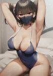  1girl armpits arms_behind_head arms_up black_hair blue_one-piece_swimsuit blush breasts brown_eyes cleavage collarbone commentary_request competition_school_swimsuit covered_mouth covered_navel ear_piercing hands_in_own_hair highleg highleg_one-piece_swimsuit highres indoors kneeling konata_(kankin_jk) large_breasts long_hair looking_at_viewer mask mishiranu_joshikousei_ni_kankin_sareta_mangaka_no_hanashi mouth_mask one-piece_swimsuit piercing presenting_own_armpit ryouma_(galley) school_swimsuit sideboob solo swimsuit thighs 