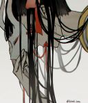  1boy bangs black_hair blurry depth_of_field hair_ribbon hannya kieshi_heta lipstick long_hair looking_at_viewer makeup mask noh_mask okiku_(one_piece) one_piece oni_mask otoko_no_ko red_eyes ribbon simple_background solo string very_long_hair white_background yellow_robe 