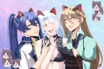  3girls :d animal_ears aqua_eyes azumishard bare_shoulders belt black_bodice black_gloves blue_background blue_hair braid breasts brown_belt brown_hair cat_ears cleavage_cutout clothing_cutout collarbone commission crop_top curtained_hair dotted_background double-parted_bangs eiyuu_densetsu elaine_auclair english_commentary fake_animal_ears floral_print front-tie_top gloves gradient_background grin hair_between_eyes half_gloves half_up_braid high_ponytail highres inset_border jewelry kuro_no_kiseki_(series) kuro_no_kiseki_i large_breasts laura_s._arseid long_hair long_sleeves mandarin_collar mishy multiple_belts multiple_girls neckerchief necklace one_eye_closed open_mouth original parted_bangs pendant pink_background pink_lips ponytail puffy_long_sleeves puffy_sleeves red_eyes second-party_source sen_no_kiseki_(series) sen_no_kiseki_iii shirt side-by-side sleeveless sleeveless_shirt smile two-tone_background upper_body v vgen_commission white_hair yellow_eyes yellow_neckerchief 