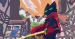  2020 anthro black_body black_fur building cartoon_network clothing cloud cute_fangs domestic_cat felid feline felis fur gloves green_eyes handwear hi_res house male mammal mao_mao:_heroes_of_pure_heart melee_weapon sheriff_mao_mao_mao solo sword vetiver_n weapon 