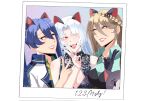 3girls :d animal_ears aqua_eyes azumishard bare_shoulders belt black_bodice black_gloves blue_background blue_hair braid breasts brown_belt brown_hair cat_ears cleavage_cutout clothing_cutout collarbone commission crop_top curtained_hair dotted_background double-parted_bangs eiyuu_densetsu elaine_auclair english_commentary english_text fake_animal_ears floral_print front-tie_top gloves gradient_background grin hair_between_eyes half_gloves half_up_braid high_ponytail highres jewelry kuro_no_kiseki_(series) kuro_no_kiseki_i large_breasts laura_s._arseid long_hair long_sleeves mandarin_collar mishy multiple_belts multiple_girls neckerchief necklace one_eye_closed open_mouth original parted_bangs pendant photo_(medium) pink_background pink_lips ponytail puffy_long_sleeves puffy_sleeves red_eyes second-party_source sen_no_kiseki_(series) sen_no_kiseki_iii shirt side-by-side sleeveless sleeveless_shirt smile two-tone_background upper_body v vgen_commission white_hair yellow_eyes yellow_neckerchief 