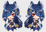  1girl adhesive_bra black_skirt blue_hair blue_tail breasts chibi cleavage closed_mouth constellation_hair_ornament crescent crescent_hair_ornament dragon_girl dragon_horns dragon_tail fire flame-tipped_tail gold_claws grey_horns hair_ornament hair_over_one_eye horns indie_virtual_youtuber long_hair multiple_expressions open_mouth red_eyes skirt starry_hair tail uguubear vienna_(4th_costume)_(vtuber) vienna_(vtuber) virtual_youtuber white_sleeves 