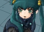  1girl aqua_hair black_bodysuit bodysuit commentary_request cui_yifei eyebrows_visible_through_hair fortified_suit green_eyes highres long_hair looking_to_the_side muvluv muvluv_alternative muvluv_total_eclipse nanabankarasu open_mouth pilot_suit portrait sailor_moon_redraw_challenge short_twintails solo sweatdrop tile_floor tiles twintails v-shaped_eyebrows 