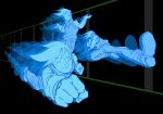  1boy afterimage arms_at_sides attack blue_hair blue_skin clenched_hand closed_eyes collared_shirt colored_skin deltarune flowery_(deltarune) haidenisa hands_up highres kicking looking_at_viewer male_focus pants shirt shoes shrugging smile solo unbuttoned unbuttoned_shirt utdr_(toby_fox) vest wing_collar 