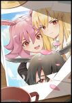  3girls animal_ears bangs black_hair blonde_hair cup fate/grand_order fate_(series) hair_between_eyes highres hildr_(fate) long_hair looking_at_viewer multiple_girls open_mouth ortlinde_(fate) petals photo_(object) pink_hair red_eyes short_hair smile thrud_(fate) valkyrie_(fate) zhourues 
