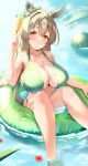  1girl :q absurdres animal_ears bikini blush breasts brown_eyes brown_hair cleavage closed_mouth commentary_request diamond_(shape) ear_ornament food fruit green_bikini hair_between_eyes highres holding holding_food holding_popsicle horse_ears horse_girl horse_tail large_breasts long_hair looking_at_viewer multicolored_hair on_innertube p1_fcoyaa popsicle satono_diamond_(umamusume) skindentation smile solo streaked_hair swimsuit tail tongue tongue_out umamusume water watermelon white_streaks 