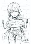  1boy bdsm bishounen blush bondage bound brick_wall chain chained chastity_cage collar commentary_request cowboy dated greyscale hair_between_eyes hakuyagen_(yoronbi) hands_up highres holding holding_sign hunald_ii_(fake)_(hakuyagen) long_hair looking_at_viewer male_focus monochrome original parted_lips restrained sidelocks sign signature sketch solo standing straight-on thank_you thighhighs very_long_hair whip_marks 