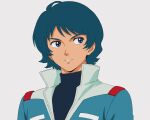  1boy aeug blue_eyes blue_hair commentary_request grin gundam kamille_bidan looking_to_the_side military_uniform misuto_gia portrait science_fiction smile turtleneck upper_body white_background zeta_gundam 