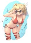  1girl absurdres bangs bikini blonde_hair blue_eyes blush braid breasts cleavage commentary granblue_fantasy hair_intakes hair_ornament hairband highres large_breasts long_hair looking_at_viewer navel pepeo simple_background smile solo sunglasses swimsuit twintails zeta_(granblue_fantasy) 