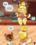  &lt;3 2021 absurd_res animal_crossing anthro big_breasts blonde_hair blush bodily_fluids breasts canid canine canis clothed clothing comic desk dialogue dipstick_tail domestic_dog english_text eyes_closed female furniture hair hi_res isabelle_(animal_crossing) joaoppereiraus mammal multicolored_tail nintendo open_mouth raccoon_dog shih_tzu short_stack signature speech_bubble sweat sweatdrop tanuki text thick_thighs tom_nook_(animal_crossing) toy_dog video_games 