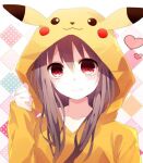  1girl brown_hair closed_mouth commentary_request cosplay heart hood hood_up long_hair long_sleeves looking_at_viewer md5_mismatch mii0617 pikachu pikachu_(cosplay) pikachu_hood pink_hair pokemon red_eyes smile solo 