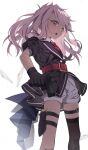  1girl absurdres akaneko016 blush chloe_von_einzbern collared_shirt commentary_request dagger fate/kaleid_liner_prisma_illya fate_(series) flat_chest glock gloves gun handgun highres holding holding_gun holding_weapon jacket knife long_hair looking_at_viewer necktie open_mouth orange_eyes pink_hair sheath shirt shorts single_thighhigh smile solo thigh_sheath thighhighs weapon 
