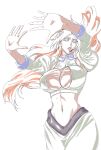  1girl absurdres bleach bleach:_sennen_kessen-hen breasts cleavage cleavage_cutout clothing_cutout commentary cowboy_shot crop_top detached_sleeves english_commentary hand_shadow_covering_breasts_(meme) highres inoue_orihime juliet_sleeves large_breasts long_sleeves meme midriff navel open_hands orange_hair outstretched_arms parted_lips pink_lips puffy_sleeves rozuberry skirt solo spread_fingers white_skirt 