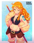  1girl :q ;q absurdres artist_name bangle bare_shoulders belt belt_buckle bracelet braid breasts brown_loincloth buckle cape cleavage closed_mouth commentary crisdeku1 crop_top earrings english_commentary feet_out_of_frame fur_cape fur_leg_warmers gold_bangle gold_choker groin highres jewelry large_breasts leg_warmers loincloth long_hair looking_at_viewer midriff nami_(one_piece) navel official_alternate_costume official_alternate_hairstyle one_eye_closed one_piece orange_eyes orange_hair pearl_earrings shoulder_tattoo single_braided_sidelock smile solo sword sword_on_back tattoo thigh_strap thighs tongue tongue_out wavy_hair weapon weapon_on_back 